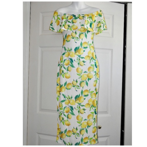 Host Pic🎉Yellow lemon print bardot dress Small/Me - Picture 4 of 8
